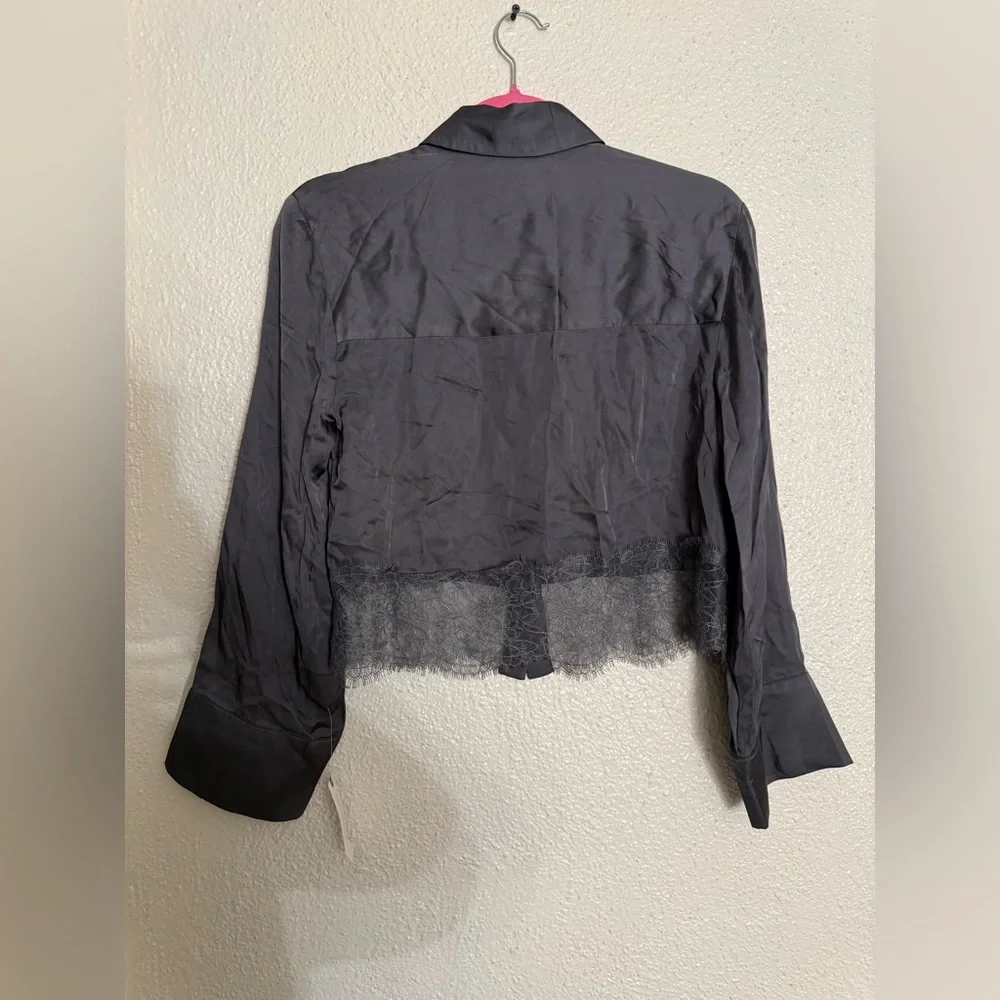 By Anthropologie Cropped Lace Pajama Top in carbon color gray size XS NWT